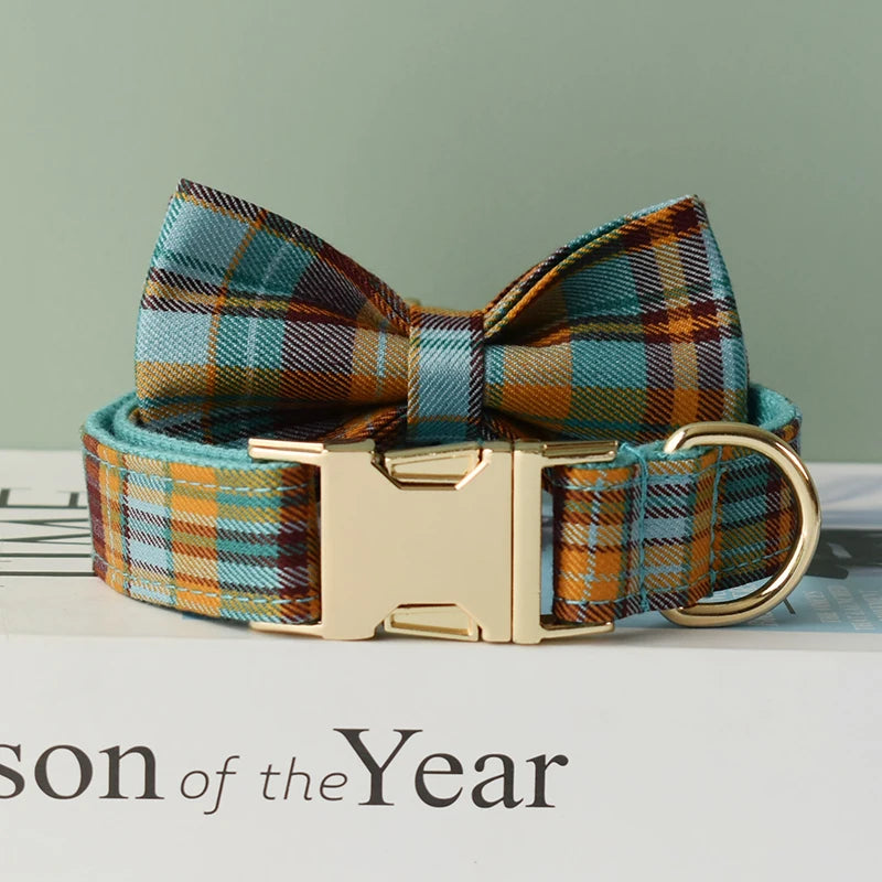 Plaid Dog Collar Designer With Bow Tie with Custom Engrave