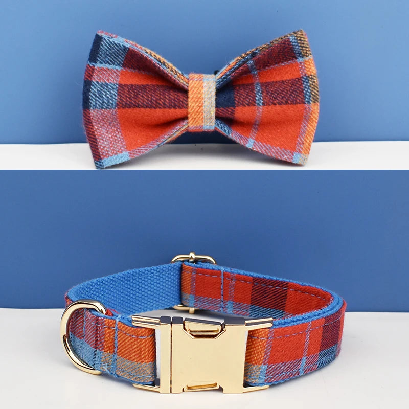 Plaid Dog Collar Designer With Bow Tie with Custom Engrave
