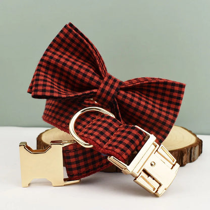 Plaid Dog Collar Designer With Bow Tie with Custom Engrave