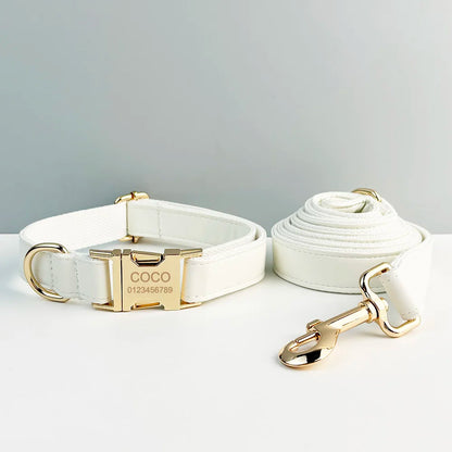Custom Engraved White Leather Dog Collar And Leash Set