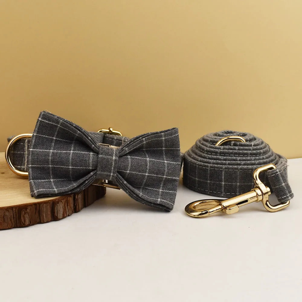 Plaid Dog Collar Designer With Bow Tie with Custom Engrave