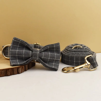 Plaid Dog Collar Designer With Bow Tie with Custom Engrave
