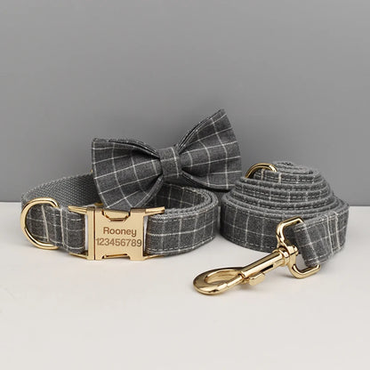 Plaid Dog Collar Designer With Bow Tie with Custom Engrave