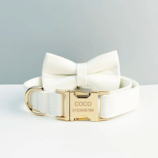 Custom Engraved White Leather Dog Collar And Leash Set