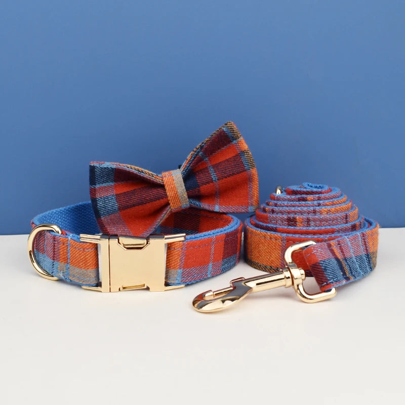 Plaid Dog Collar Designer With Bow Tie with Custom Engrave