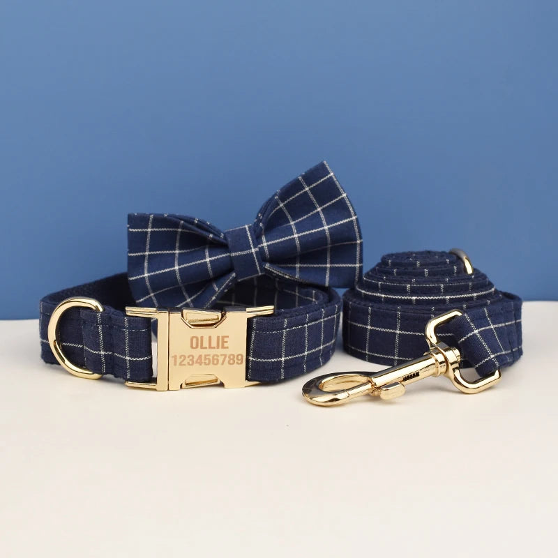 Plaid Dog Collar Designer With Bow Tie with Custom Engrave