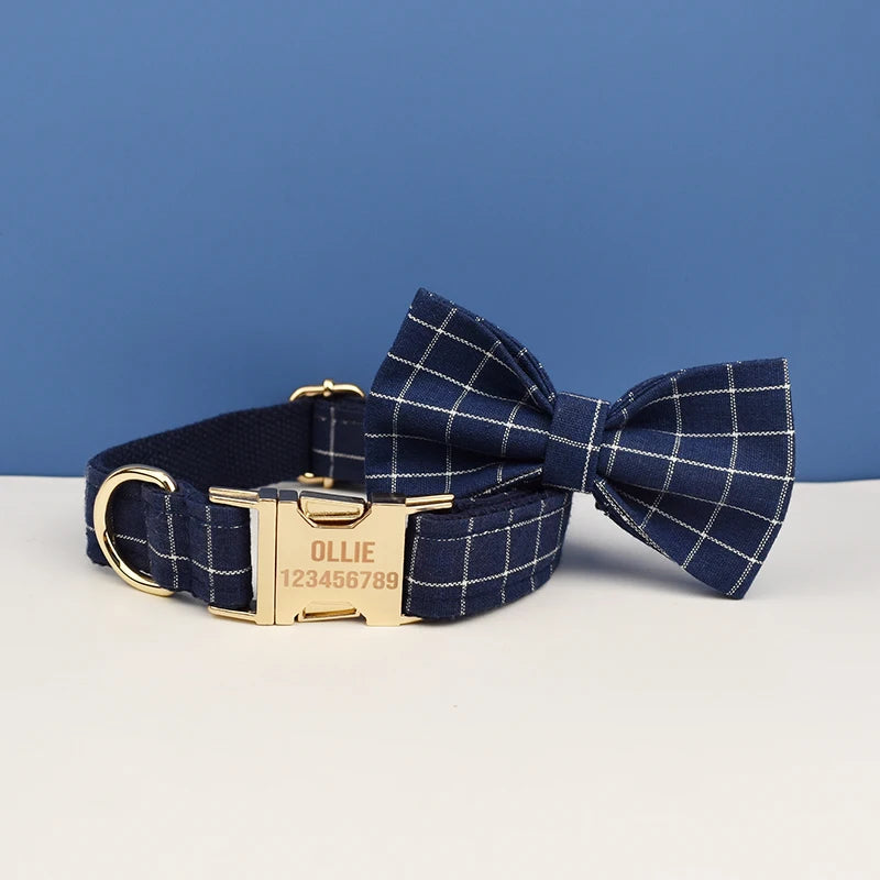Plaid Dog Collar Designer With Bow Tie with Custom Engrave