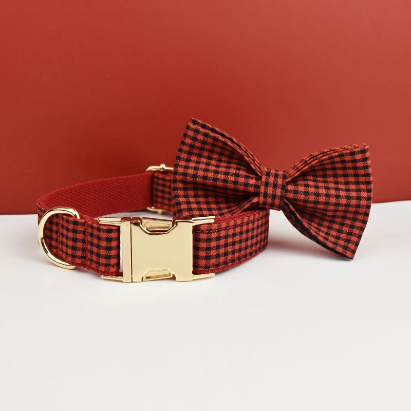 Plaid Dog Collar Designer With Bow Tie with Custom Engrave