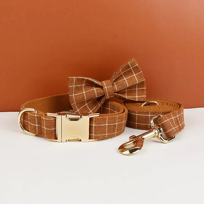 Plaid Dog Collar Designer With Bow Tie with Custom Engrave