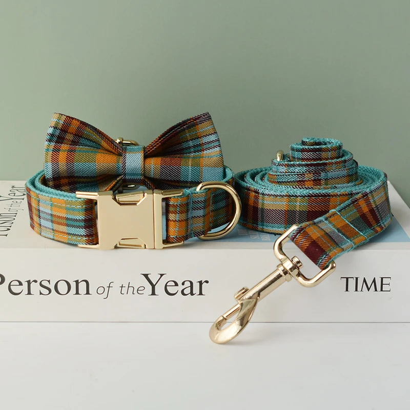 Plaid Dog Collar Designer With Bow Tie with Custom Engrave