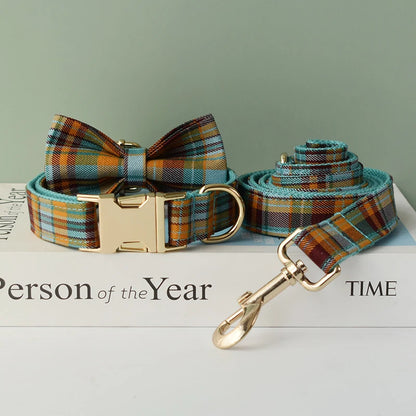 Plaid Dog Collar Designer With Bow Tie with Custom Engrave