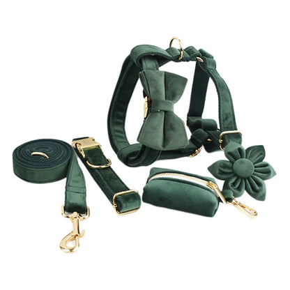 Personalized Engrave Velvet Dog Collar Harness Leash Set