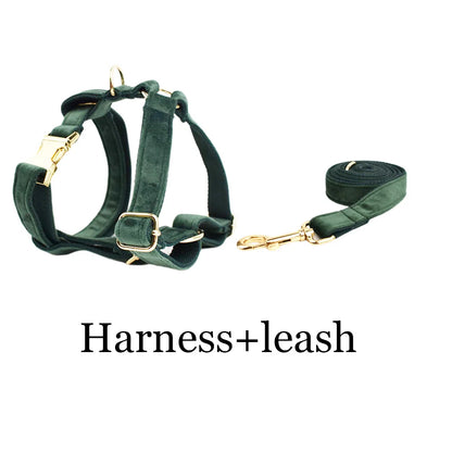 Personalized Engrave Velvet Dog Collar Harness Leash Set