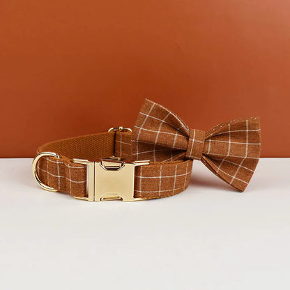 Plaid Dog Collar Designer With Bow Tie with Custom Engrave