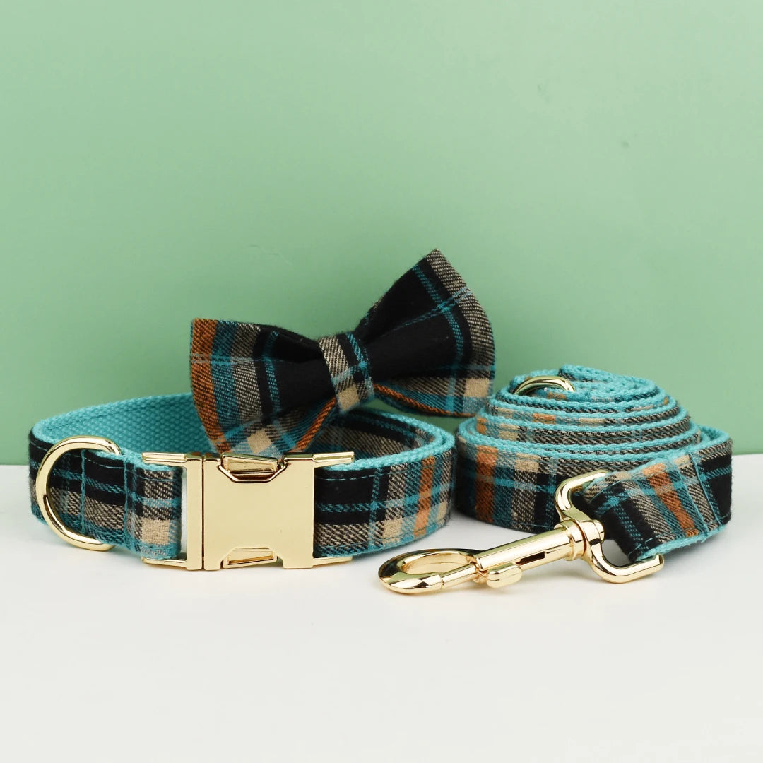 Plaid Dog Collar Designer With Bow Tie with Custom Engrave