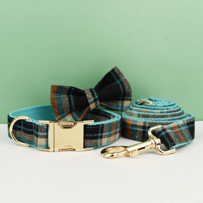 Plaid Dog Collar Designer With Bow Tie with Custom Engrave