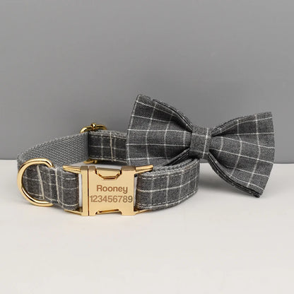 Plaid Dog Collar Designer With Bow Tie with Custom Engrave