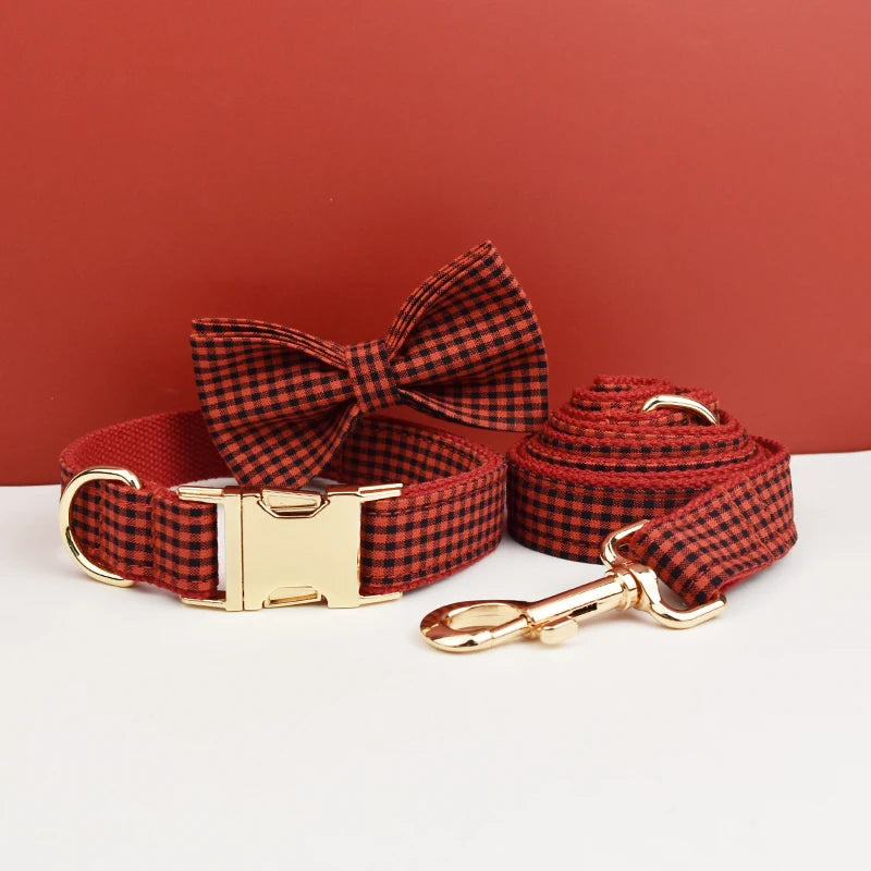Plaid Dog Collar Designer With Bow Tie with Custom Engrave