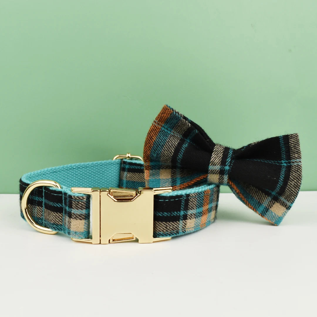 Plaid Dog Collar Designer With Bow Tie with Custom Engrave