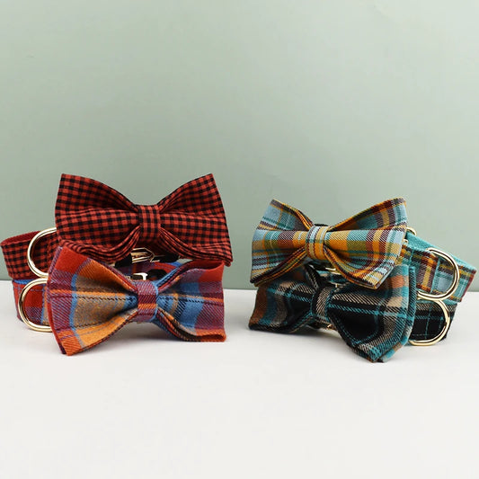 Plaid Dog Collar Designer With Bow Tie with Custom Engrave