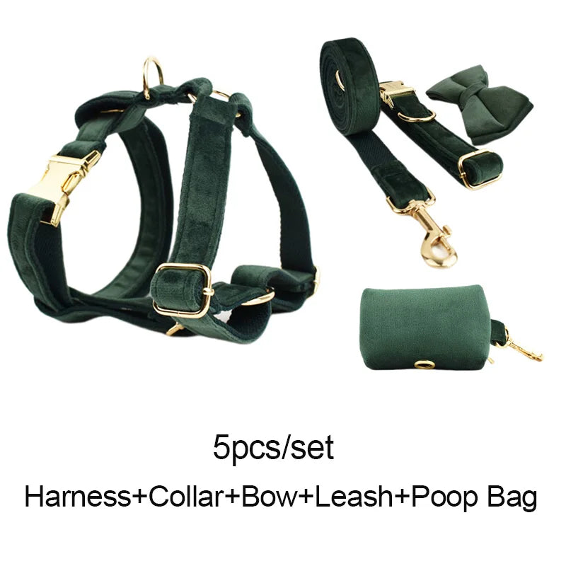 Personalized Engrave Velvet Dog Collar Harness Leash Set