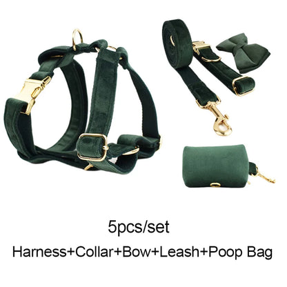 Personalized Engrave Velvet Dog Collar Harness Leash Set